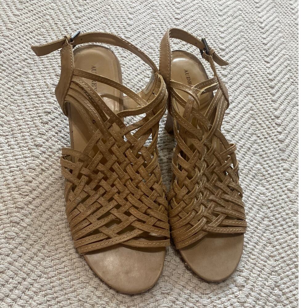 Audrey Brooke Nadia Tan Leather Strappy cone heel Sandals 10M